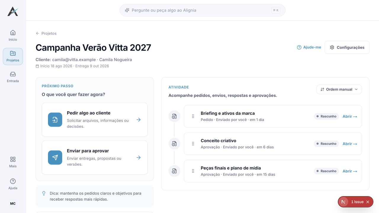Campanha de marketing em português no Alignia com briefing, conceito criativo e peças finais